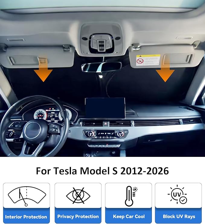 Windshield Sun Shade for Tesla Model S 2012-2026 Accessories, Car Front Window Sun Visor & Heat Shield | 240T Sunshade Protection Blocks UV Rays Keep Your Car Cooler