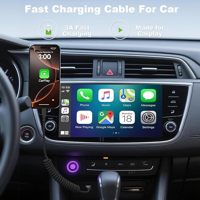 Coiled Car Carplay Charger Fast Charging，[2-Pack, 3Ft] Retractable Braid USB A to USB C Cable for iPhone 17/16/15/Plus/Pro Max/MacBook Pro, Type-C Cord,Black