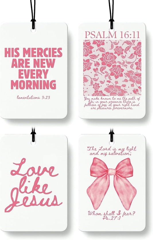 Pink Coquette Bow Floral Christian Car Air Freshener 4 Pcs, Preppy Girly Religious Hanging Air Freshener for Cars Closet Drawer Books, Cute Christian Car Accessories Mirror Decor for Women