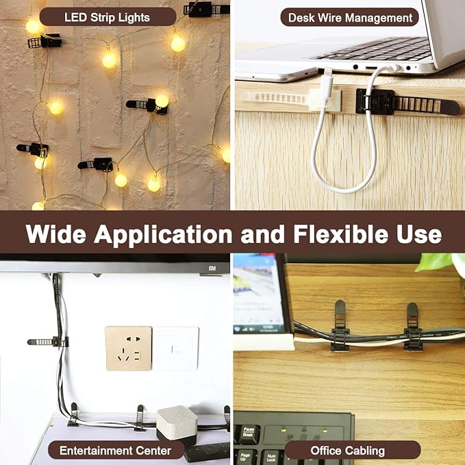 Adhesive Cable Management Clips, 50Pcs Adjustable Nylon Cable Strap Ties Wire Clips Clamps Organizer with Strong Adhesive Tape, Extra Screw & Hole for Strong Fixation Home Office - 3.55 Inch Black