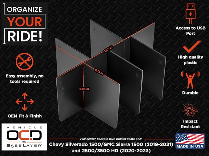 Center Console Organizer for Chevy Silverado 1500 / GMC Sierra 1500 (2019-2021) & 2500/3500 HD (2020-2023) (full console w/bucket seats ONLY) - Made in USA - SLX157