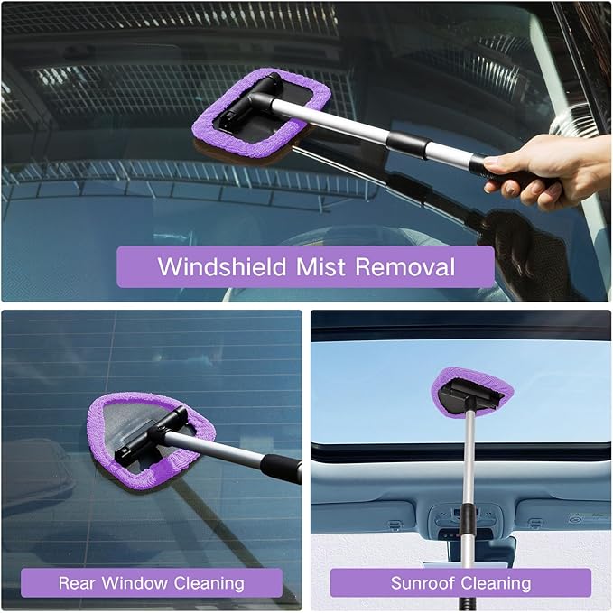 Qydipclin 10pcs Windshield Cleaning Tool Inside Car Window Cleaner Wash Kit with 4 Reusable Microfiber Pads 1 Spray Bottle and Extendable Handle Interior Auto Glass Wiper Kit, Purple