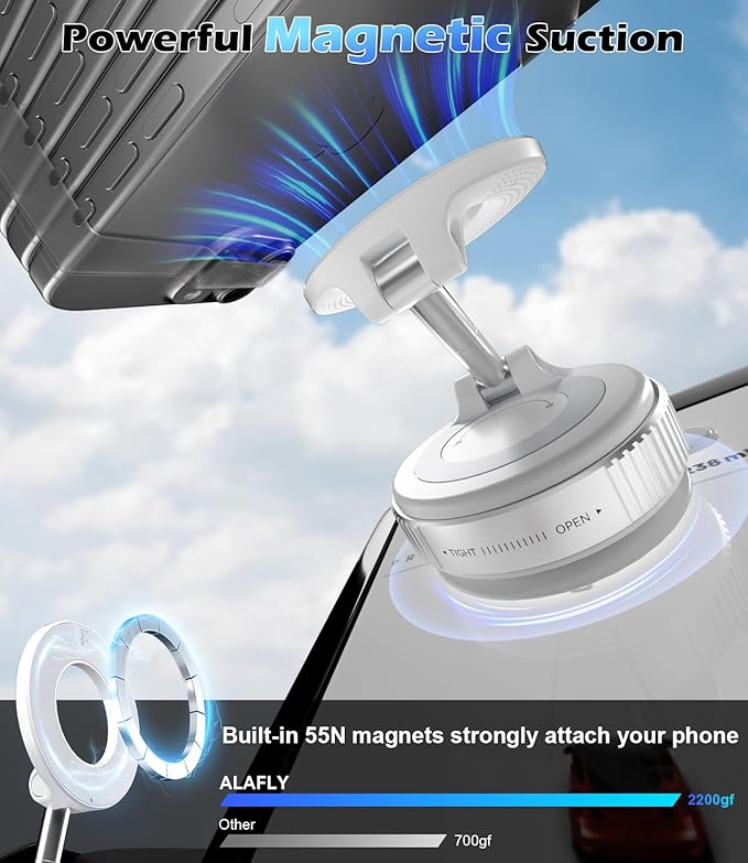Car Phone Mount for Magsafe, 360° Adjustable Magnetic Phone Holder Foldable Suction Cup Phone Mount for Car/Gym/Mirror Mount for iPhone/Android, White