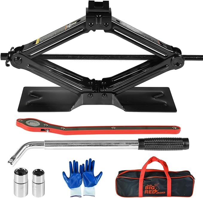 Big RED Car Jack 2Ton/4409 lbs Universal Scissor Jack with Rubber Pad, Portable Tire Changing Kit with Lug Wrench, Emergency Kit for Sedan SUV MPV