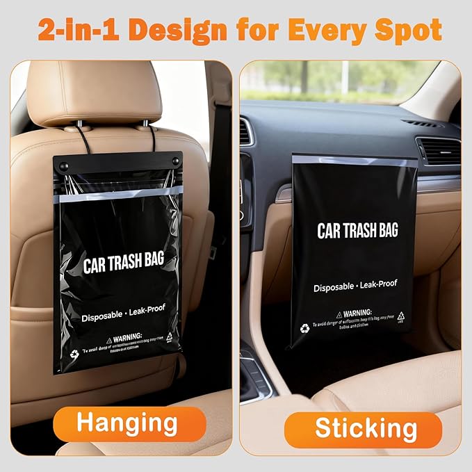 100 Count Recycled Disposable Car Trash Bags - 2 Gallon Heavy Duty Alternative to Bulky Car Trash Can & Car Garbage Can, Leakproof Smellproof Hanging & Stick-On Garbage Bag for Car, SUV, Truck,Vehicle
