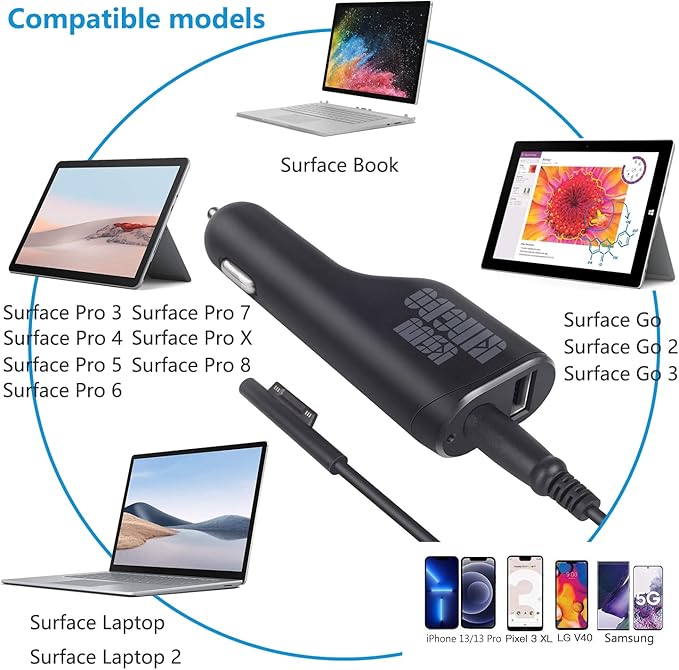 Surface Pro Car Charger Surface Laptop Car Charger,36W 12V 2.58A Power Supply for Microsoft Surface Pro 3/4/5/6/Book/Go,Surface Pro 9,Surface Laptop car charger with USB 2.0 Port(5Ft Cord)&Travel Case