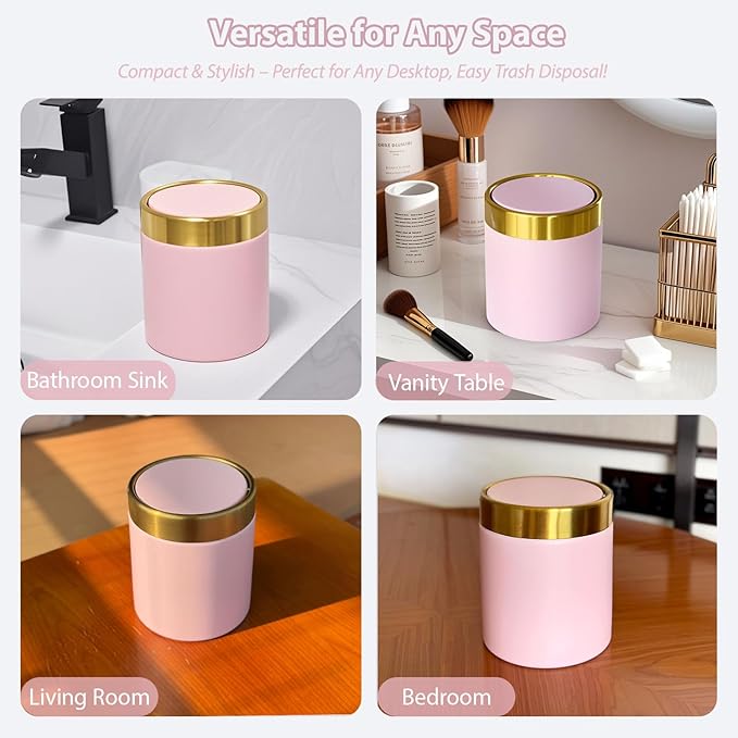 Pink Mini Countertop Trash Can with Lid – Metal Tiny Makeup Vanity Swing-Top Waste Bin, 1.5 L / 0.40 Gal