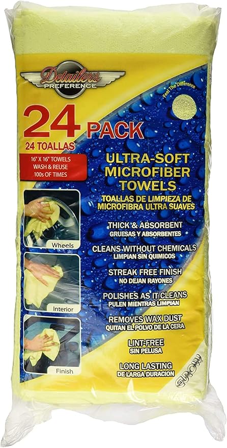 Eurow 325 GSM Microfiber Deluxe Cleaning Towels, Ultra-Soft, Streak-Free, Reusable, High Absorbency for Car, Home, Garage, Detailing, Safe on All Surfaces, Machine Washable, 16x16in, 24-Pack, Yellow