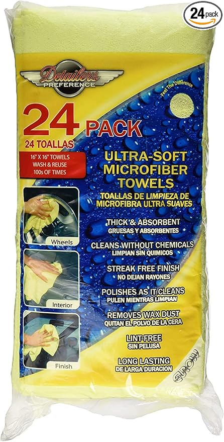 Eurow 325 GSM Microfiber Deluxe Cleaning Towels, Ultra-Soft, Streak-Free, Reusable, High Absorbency for Car, Home, Garage, Detailing, Safe on All Surfaces, Machine Washable, 16x16in, 24-Pack, Yellow