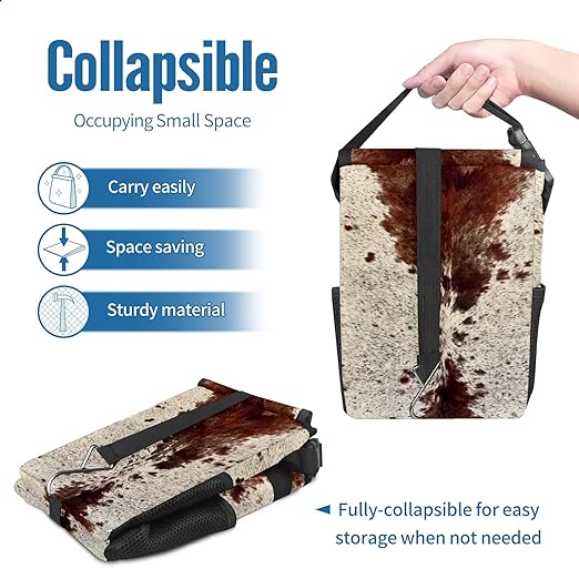 Western Brown Beige Cow Print Car Trash Can with Lid Collapsible Reusable Waterproof Car Garage Bag,Automotive Garbage Can,Car Accessories Interior Car Organizer