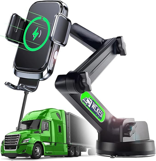 Truck Phone Holder Wireless Car Charger Mount, 15W Fast Charging Vacuum Phone Holders 14 inch Long Arm Heavy Duty Pickup Windshield and Dashboard, Trucks Accessories for iPhone Samsung LG