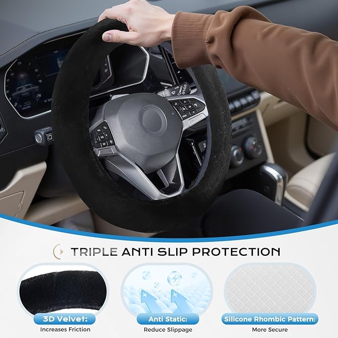 Coverado Winter Fluffy Steering Wheel Cover, Upgraded Anti-Slip Fuzzy Furry Car Steering Wheel Cover, Universal 14-15 inch, Soft Plush, Warm, No Odor, Luxurious Decoration for Women Men (Black)