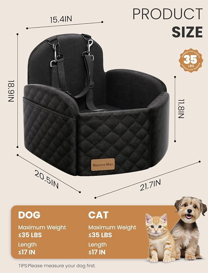Dog Car Seat for Small/Medium Dogs, Elevated Dog Booster Seat Memory Foam Puppy Car Seat with Washable Cover, Travel Safety Pet Seat for Car with Storage Pockets Up to 35 lbs (Black)
