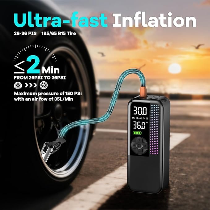 WEOLULI Tire Inflator Portable Air Compressor,150 PSI Cordless Air Pump, 12V DC Car Plug,Dual Power 10000mAh, Fast Inflation 24L/Min, 4 Preset Modes for Car, Bike, Motorcycle, Balls (Black, 10000mAh)