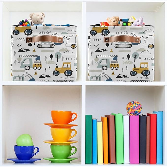 Wamika Excavator Truck Storage Basket Fabric Kitchen Baskets Cars Boys Open Home Storage Bins Boxes Foldable Organizer Bag for Baby Cloth Book Shelf Closet Baskets 16×12×8 Inches