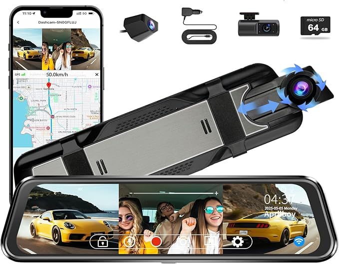 3 Channel Mirror Dash Camera for Cars, Triple Rear View Mirror with Front 4K/3K, Inside and Rear 1080P with WiFi, G-Sensor, Night Vision, Reverse Assist, Parking Monitoring (Include 64GB Card)