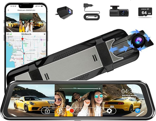 3 Channel Mirror Dash Camera for Cars, Triple Rear View Mirror with Front 4K/3K, Inside and Rear 1080P with WiFi, G-Sensor, Night Vision, Reverse Assist, Parking Monitoring (Include 64GB Card)