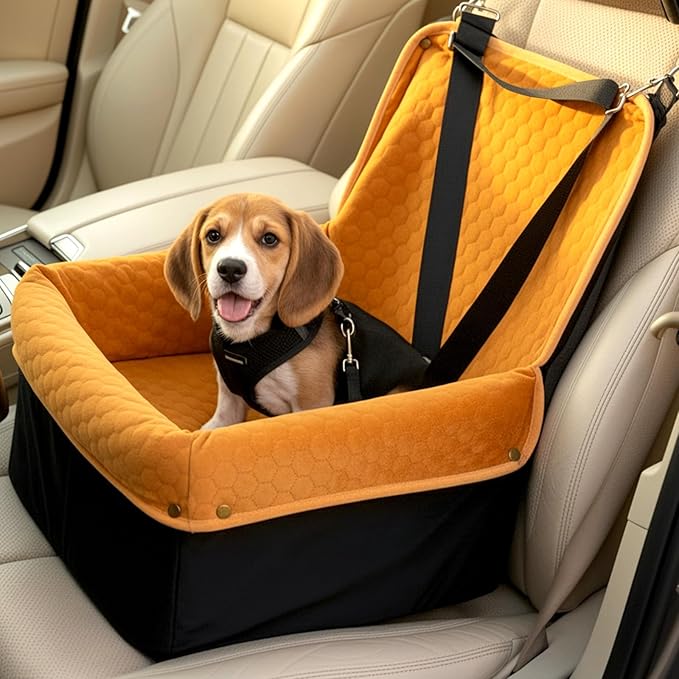 Dog Car Seat for Small Medium Dogs, Travel Pet Car Bed with Removable Waterproof Cover, Memory Foam Dog Booster Seats Up to 35 lbs, Safety Belt and Storage Pocket(Brown)