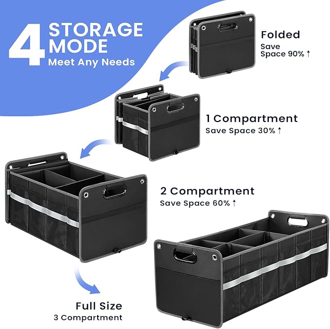 Car Trunk Organizer, Car Storage Organizer, Collapsible Multi Compartment for Car, Suv, Sedan, Truck, 100L, Extra Larger (Black, 100L)