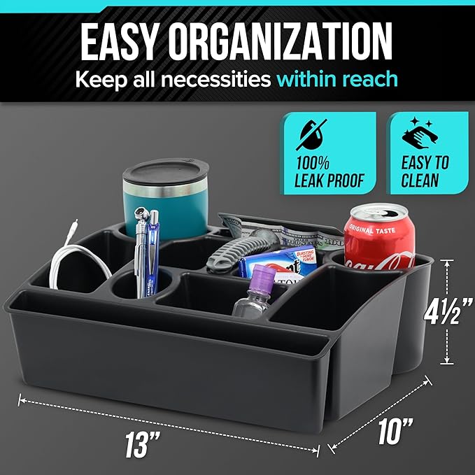 Vehicle Seat Organizer Car Storage Caddy with Carrying Handle, 2 Large Cup Holders, 10 Compartments, Hidden Extra Storage, Fits Most Vehicles, Made in USA from Recycled Plastic