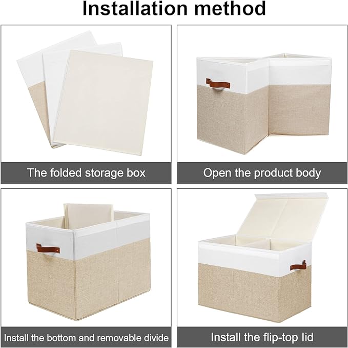 Large Toy Storage Box with Lid, Sturdy Toys Storage Chest Bin Organizer Basket with Dividers for Kids, Boys, Girls, Nursery, Closet, Bedroom, Playroom 25"x13" x16" (Beige and White)