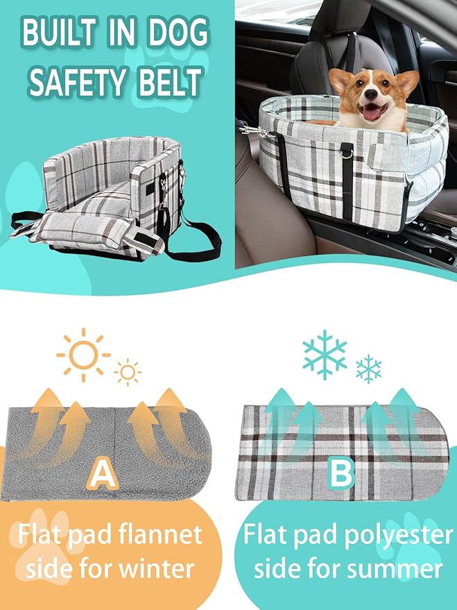 Prpeko Small Dog Car Seat, Portable Dog Seat with Soft Washable Cushion,Center Console Dog Car Seat for Small Dogs Up to 13lbs(Grid Grey)