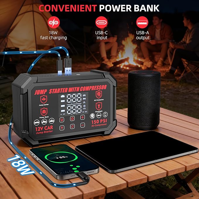 Jump Starter with Air Compressor, 4000A Peak Portable Car Battery Jumper Starter with 150PSI Auto-Shutoff Tire Inflator, 12V Car Jump Box with LED Light&LED Display All Gas /10L Diesel,Motorcycle