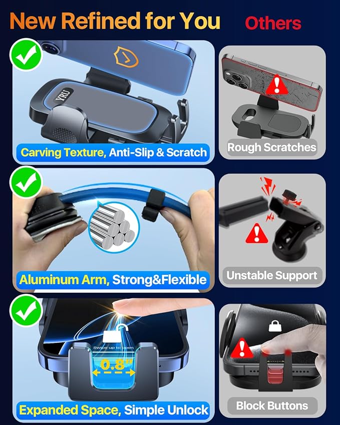 YRU 2026 Ultimate Car Phone Holder Mount Bendable & Adjustable Aluminum Arm Cell Phone Holder for Car Dashboard Windshield Phone Stand for iPhone 17 16 15 14 Pro Max Samsung Pickup Truck,Dark Silver