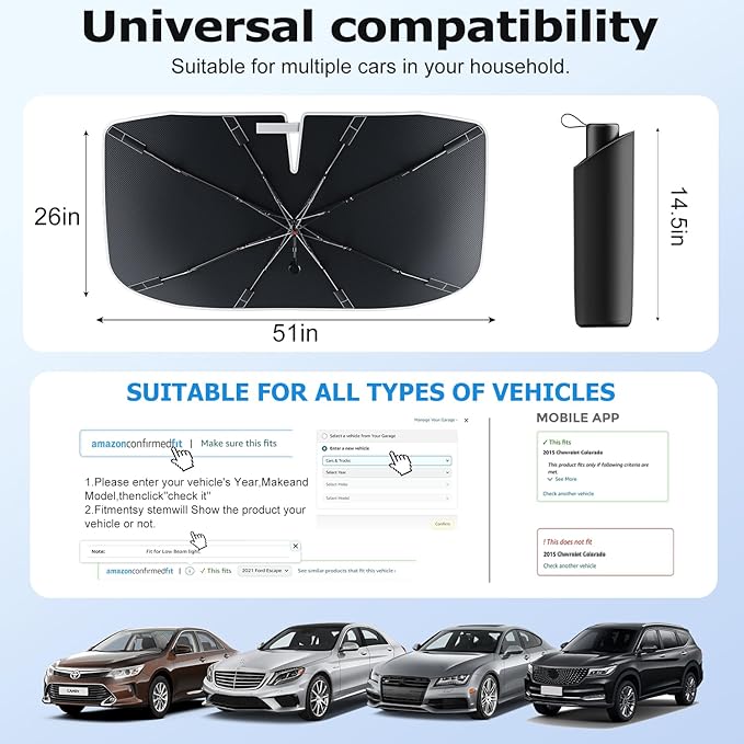 [Upgraded] DooGooCoo Windshield Sun Shade Umbrella - Small, Car Sunshade for Front Windshield [UV Block & Heat Shield], Keep Car Cooler & Protect Interior Sun Shade for car Windshield (52"x31")