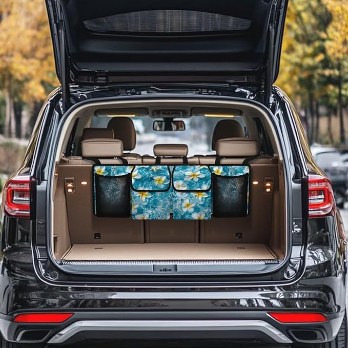 Tropical Florals Car Trunk Organizer Backseat Hanging Storage Bag with 4 Pockets & 3 Adjustable Straps Large Capacity Backseat Hanging Storage Accessories for Most Cars