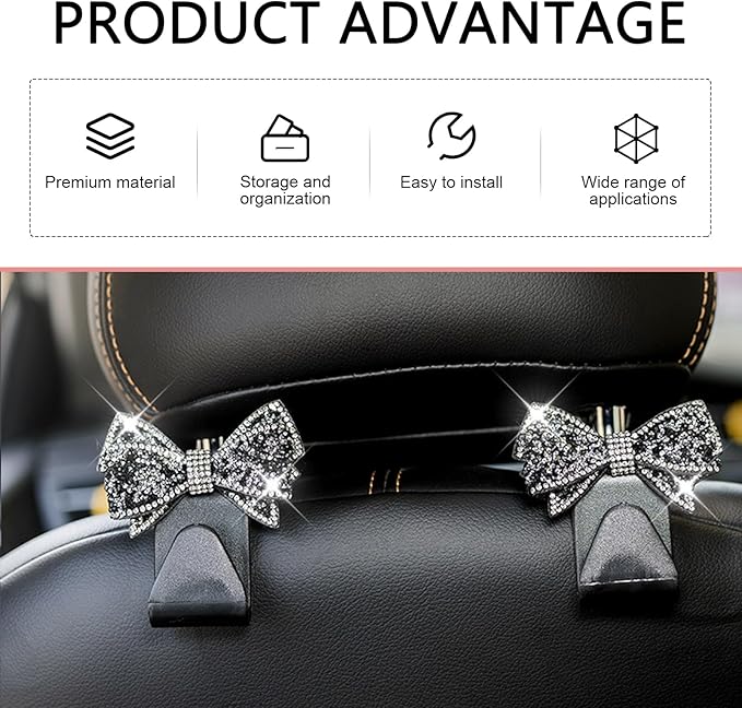 2 PCS Bling Bow Car Seat Headrest Hooks, S Type Crystal Seat Back Hangers, Universal Vehicle Storage Organizer for Handbag, Purse, Coat, Grocery Bags (Black)