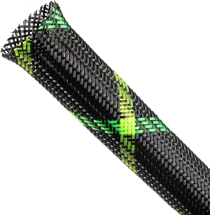 Expandable Braided Sleeving, PET Automotive Wire Loom, Flexible Cable Management for Audio Video and Other Home Device, Cord Protector from Pets (Black Green Yellow, 1/2" x 25ft)