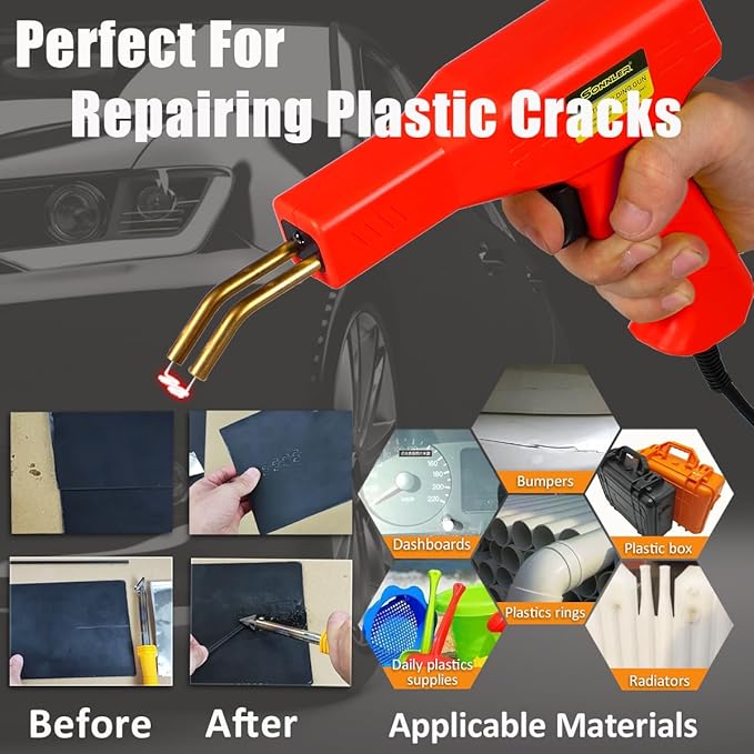 Plastic Welder Kit, 800 PCS Hot Stapler Plastic Repair Kit For Car Bumper Crack Repair, Plastic Welding Kit With Plastic Iron, Plastic Rods,Mesh,Abrasive Paper,Aluminum Tape(RED)