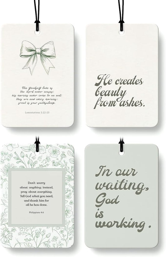 Green Christian Car Air Freshener 4 Pcs, Coquette Bow Floral Religious Hanging Air Freshener for Cars Closet Drawer Books, Cute Girly Christian Car Accessories Mirror Decor for Women