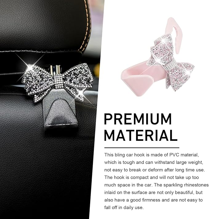 2PCS Bling Car Headrest Hook, Crystal Rhinestone Cute Bow Vehicle Seat Back Hook, PVC Multi-Functional Hook for Handbags Shopping Bags Wallet, Universal for Most Vehicles (Pink)