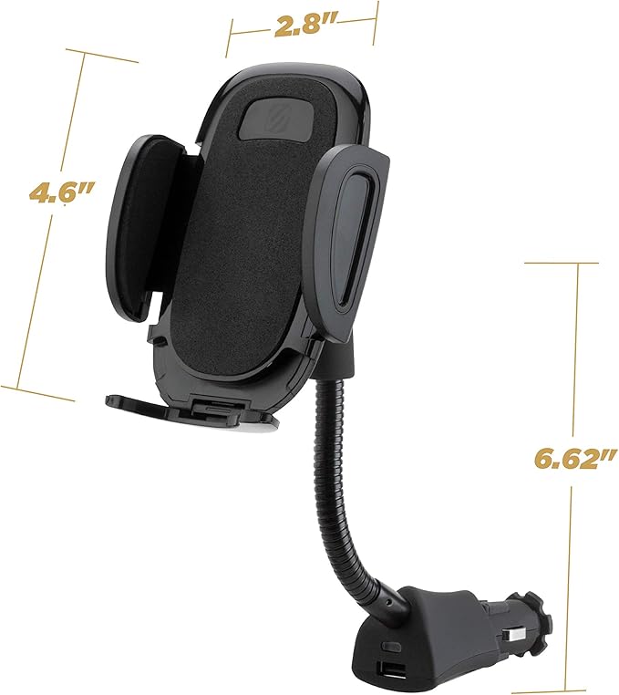 Scosche Universal 12V Car Phone Mount with USB Charger, Phone Holder with Cigarette Lighter Adapter for 12V Socket Plug-In, Flexible Gooseneck, Adjustable Cradle for iPhone & Android Cell Phones