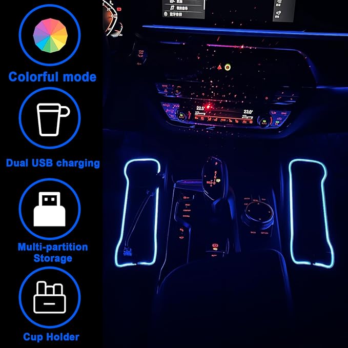 2-Pack Car Seat Gap Filler Organizer with Voice-Activated Rhythmic 5-Color LED Lights, USB and Type-C Charging Ports, Cup Holder, Card, and Key Storage - Universal Car Seat Gap Filler (Black)