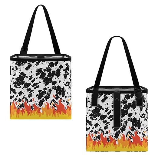 2 Gallons Open-Top Car Trash Can Hanging Car Trash Bag Water Resistant Leakproof Trash Bag Car Accessories for Women Men, Cow Spot Fire Pattern
