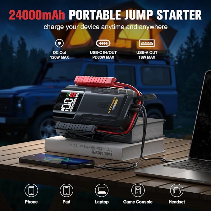 VTOMAN VL7 6000A Jump Starter Upgraded with LiFePO4 Battery,24000mAh Portable Car Battery Booster (All Gas/10L Diesel),12V Jump Box Power Pack with USB-A,Type-C & DC Output,LED Light,EVA Bag