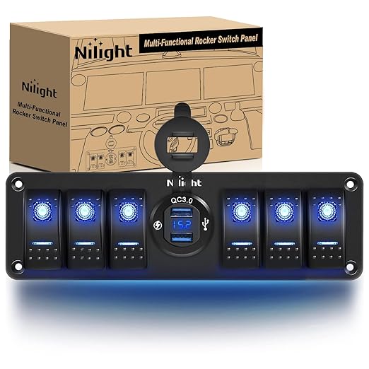 Nilight 6 Gang Rocker Switch 12V SPST ON Off Switch QC 3.0 USB Charger Voltmeter Waterproof Aluminum Rocker Switch Panel Night Glow Stickers for Boats Cars RVs Trucks, 2 Years Warranty,Blue