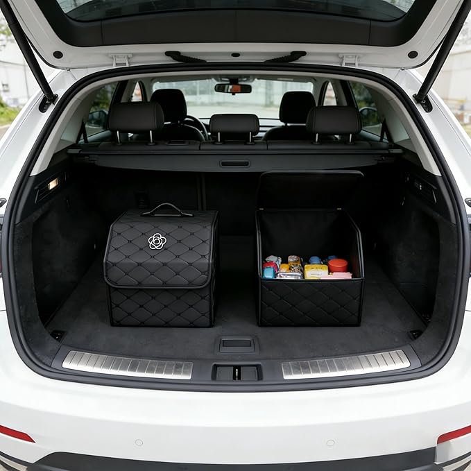 Tissting Car Storage Box, 15.35 x 12.2 x 11.42 inch PU Leather Trunk Suv Organizer with Lid, Black Garage Cargo Organizer for Camping Picnic Shopping
