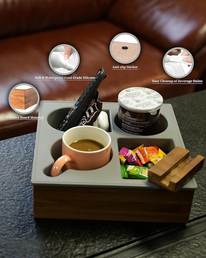 Couch Cup Holder Tray, Handy Soft Silicone Acacia Wooden Couch Caddy for Bed Car Seat Beach Organizer, Waterproof Anti-spill Sofa Cup Holder for Snacks Beverage Remote (Yellow)
