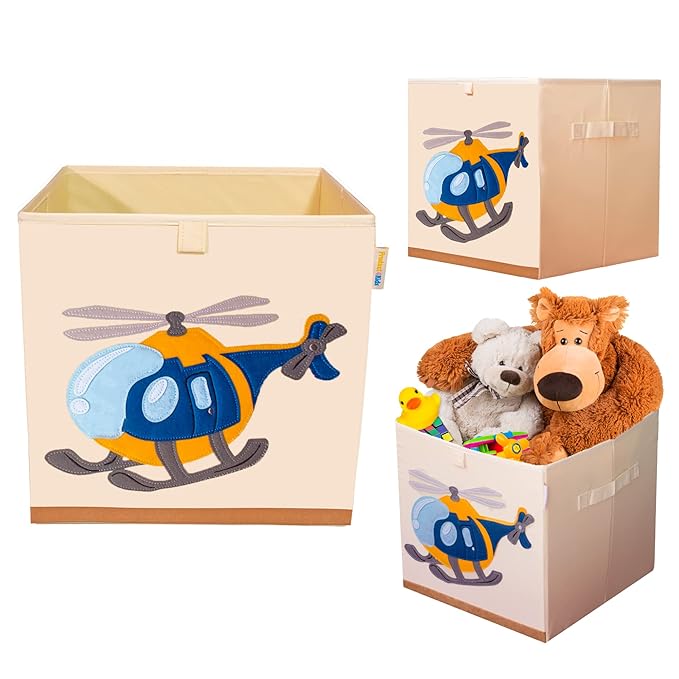 Washable Cube Storage Organizer Bins, Foldable Canvas Toy Organizers and Storage for Toys, Books, Clothes- Kids Storage Bins for Bedroom or Playroom-13x13x13 Inch (Helicopter)