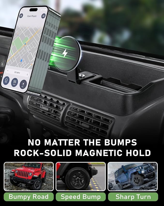 Magnetic Wrangler TJ Phone Mount, Wireless 15W Charger Phone Holder for Wrangler TJ Compatible with TJ 1997-2006, Wrangler TJ Accessory for Car Dashboard
