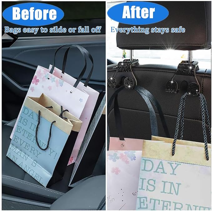 MTGOCHA Bling Car Purse Hooks 2Pcs, Durable Car Headrest Hook, Holds 44Lbs, Double-Hooks, Wide-Opening, Rhinestone Automobile Purse Hangers Holder, Bling Car Accessories for Women, Black