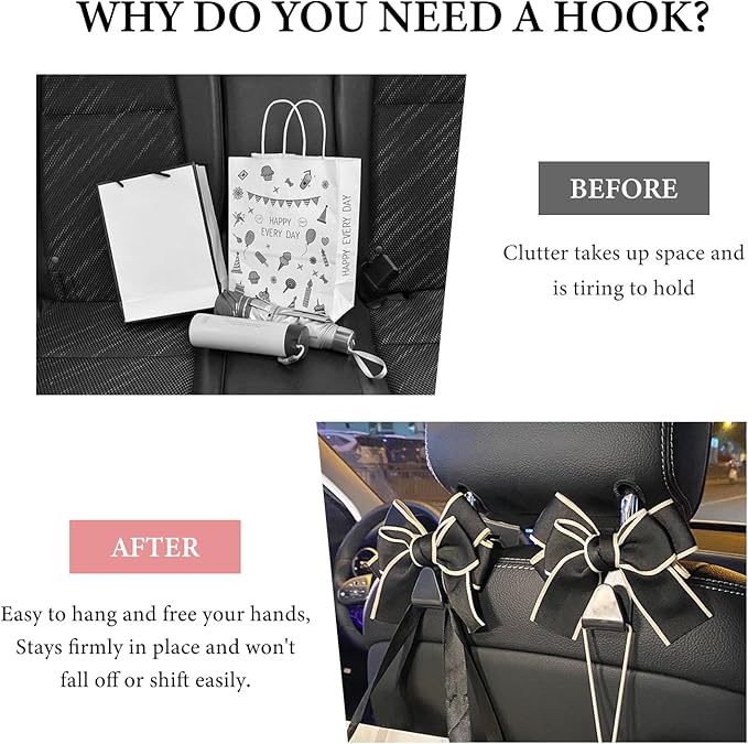 2 PCS Car Seat Headrest Hook, Cute Bowknot Multifunctional Seat Back Hook for Car, Hidden Vehicle Rear Seat Purse Hanger Hook for Women Girls, Car Interior Accessories (Black)
