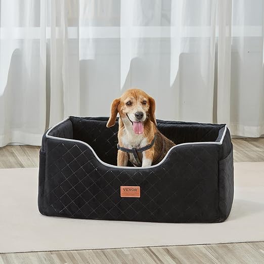 VEVOR Dog Car Seat, Waterproof Dog Booster Seat for Car with Side Handles and a Storage Pocket, Clip-On Safety Leash and PP Cotton Filling, Vehicle Bed for Small Dogs up to 25lbs, Gray