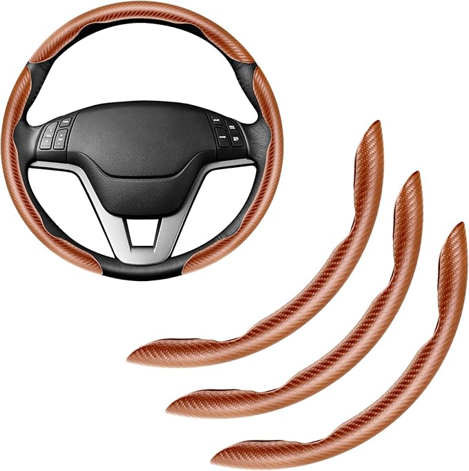 Amiss 3pcs Carbon Fiber Anti-Skid Steering Wheel Cover, Waterproof & Segmented Butterfly Design, Universal 99% Vehicle Wheel Cover Protector, Car Interior Accessories (Champagne-3pcs)