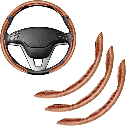 Amiss 3pcs Carbon Fiber Anti-Skid Steering Wheel Cover, Waterproof & Segmented Butterfly Design, Universal 99% Vehicle Wheel Cover Protector, Car Interior Accessories (Champagne-3pcs)