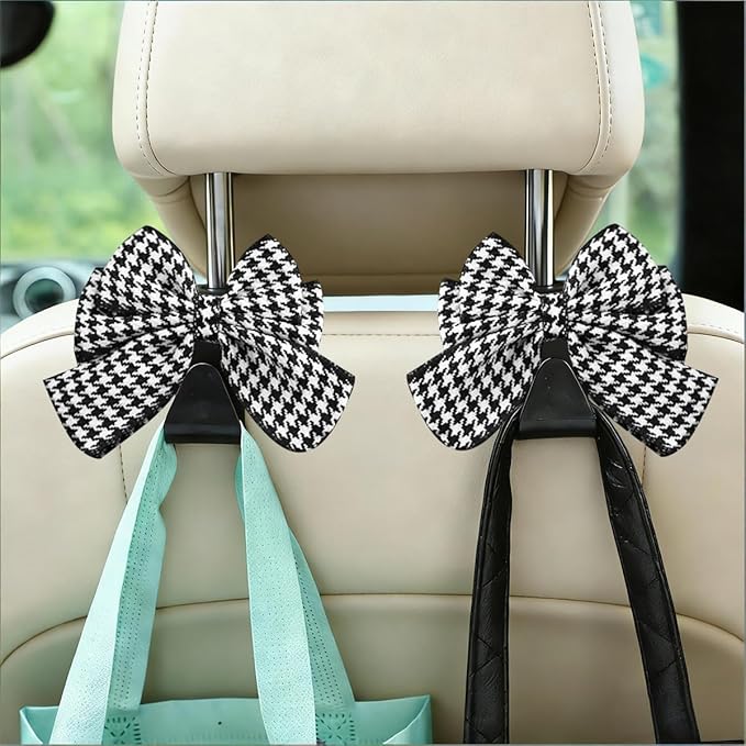 2PCS Car Seat Headrest Hooks, Cute Bow Vehicle Backseat Storage Hanger for Handbag Umbrella Coat, Automotive Seat Back Hook Holder Organizer Decor, Universal for Vehicles (Houndstooth)